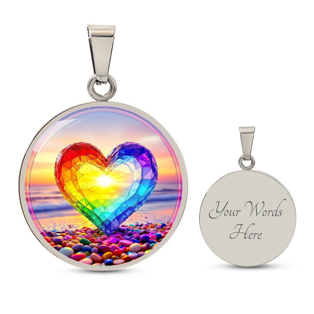 Rainbow Beach Glass Heart Pendant Necklace with Engraving-[Heartfelt Family Gift]