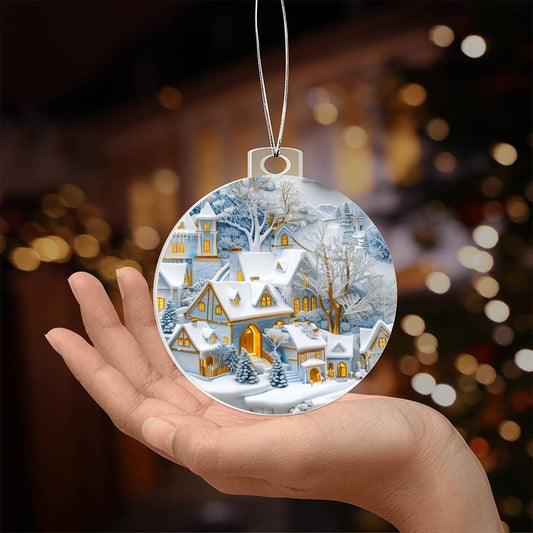 Blue Snow Covered Village Acrylic Christmas Ornament