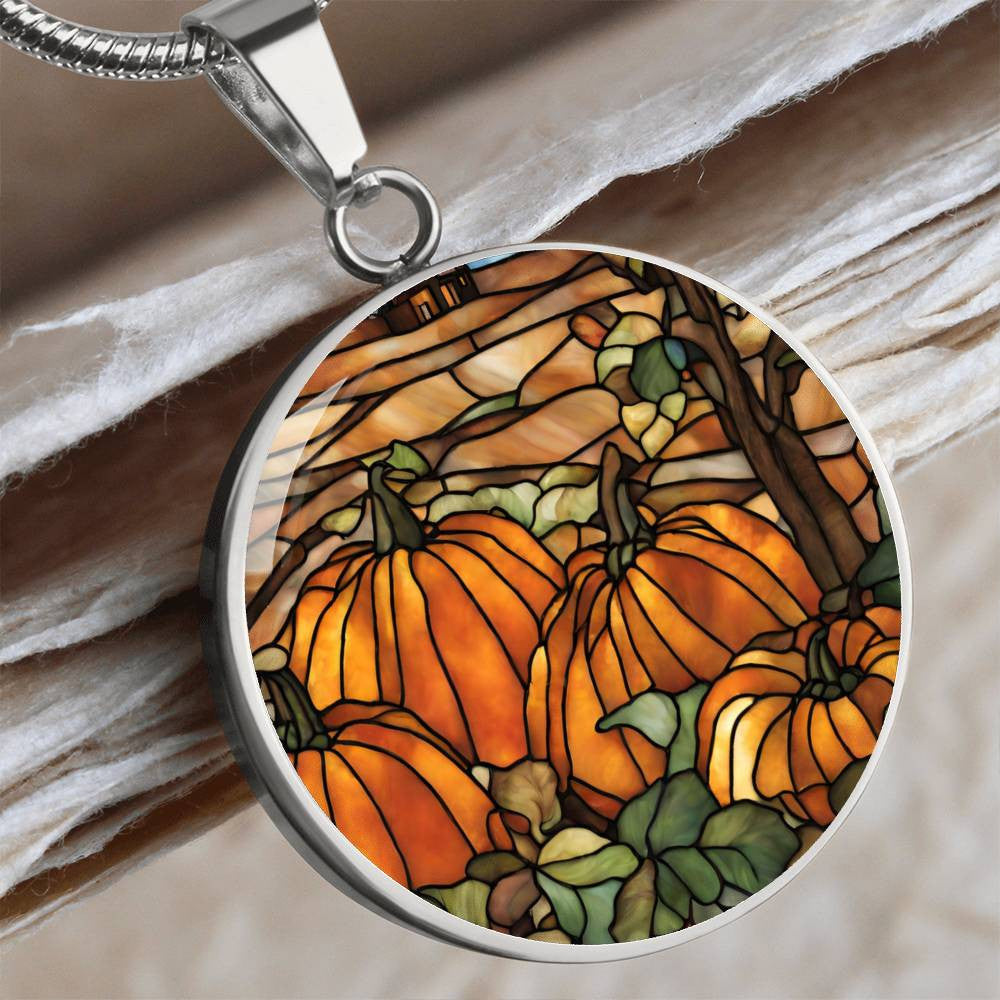 Fall Harvest Pumpkins Round Pendant Necklace in Gold or silver