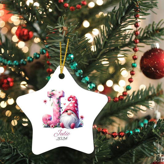 Pink Gnome Galentines Christmas Star Ornament