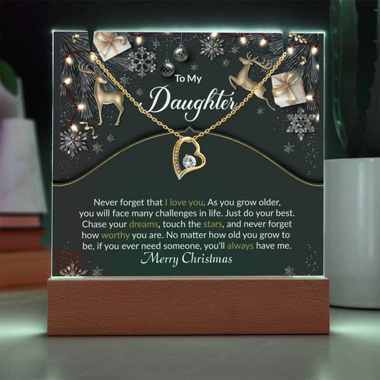 Daughter Christmas LED Acrylic Heart Necklace & Plaque Gift Set