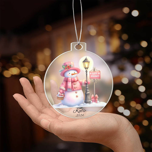 Pink Snowman Happy Holidays Acrylic Christmas Ornament