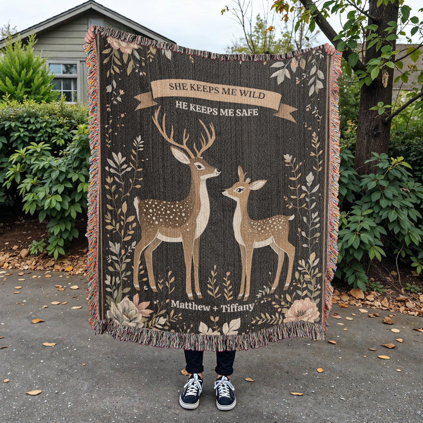 Deer Couple Woven Cotton Throw Blanket-[Heartfelt Family Gift]