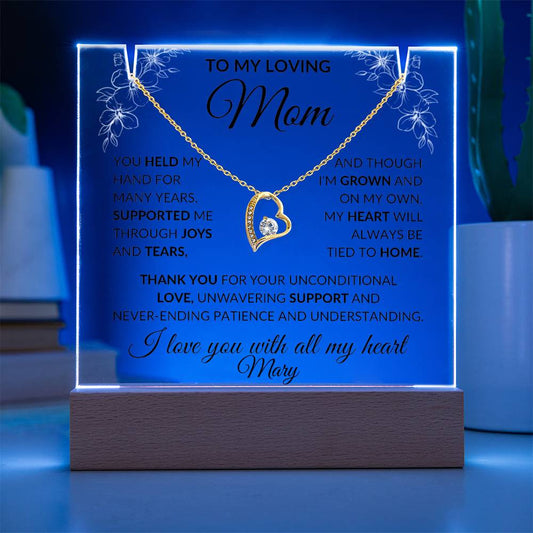 Mom LED Acrylic Heart Necklace & Plaque Gift Set