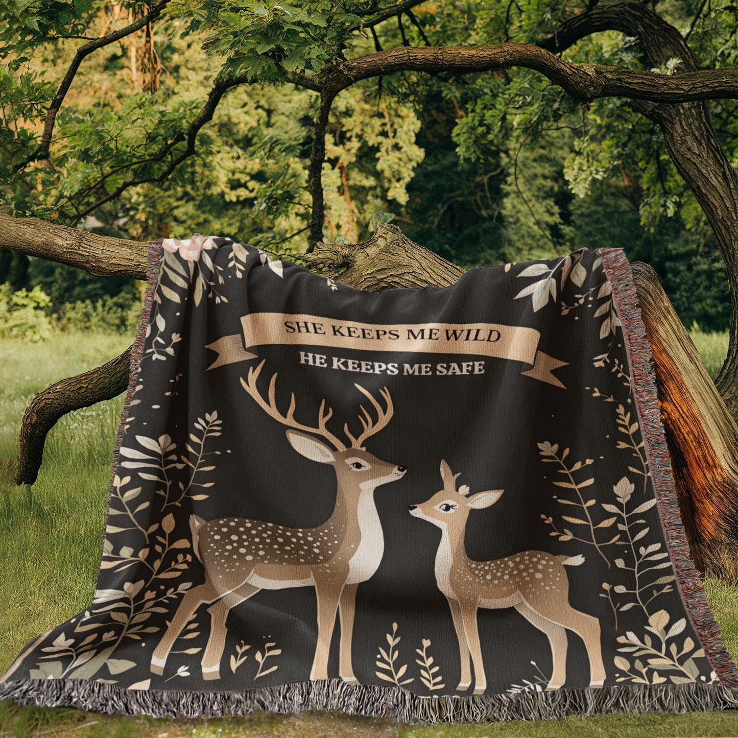 Deer Couple Woven Cotton Throw Blanket-[Heartfelt Family Gift]