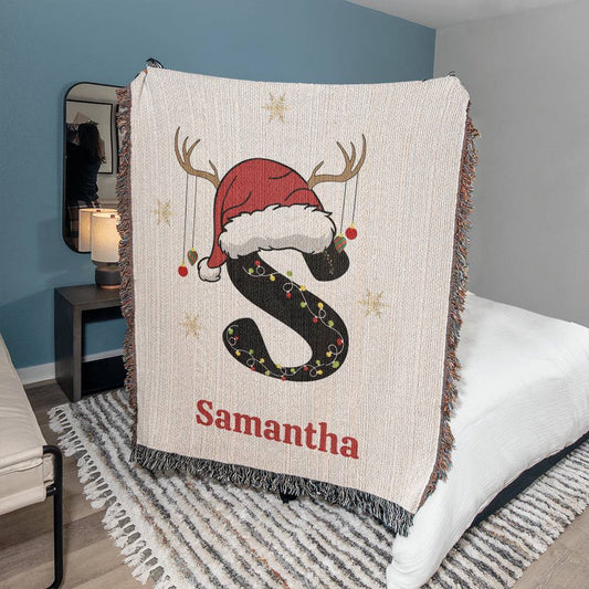 Christmas Lights Name Initial Woven Blanket