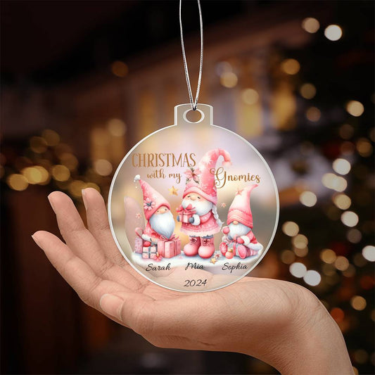 Pink Gnomies Acrylic Christmas Ornament