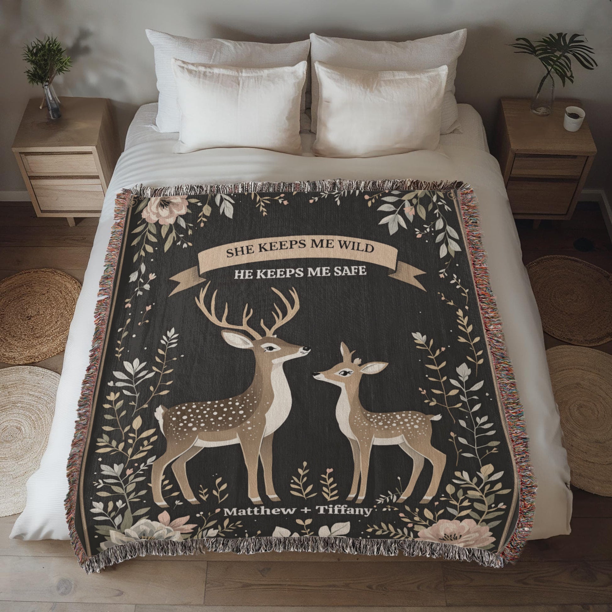 Deer Couple Woven Cotton Throw Blanket-[Heartfelt Family Gift]