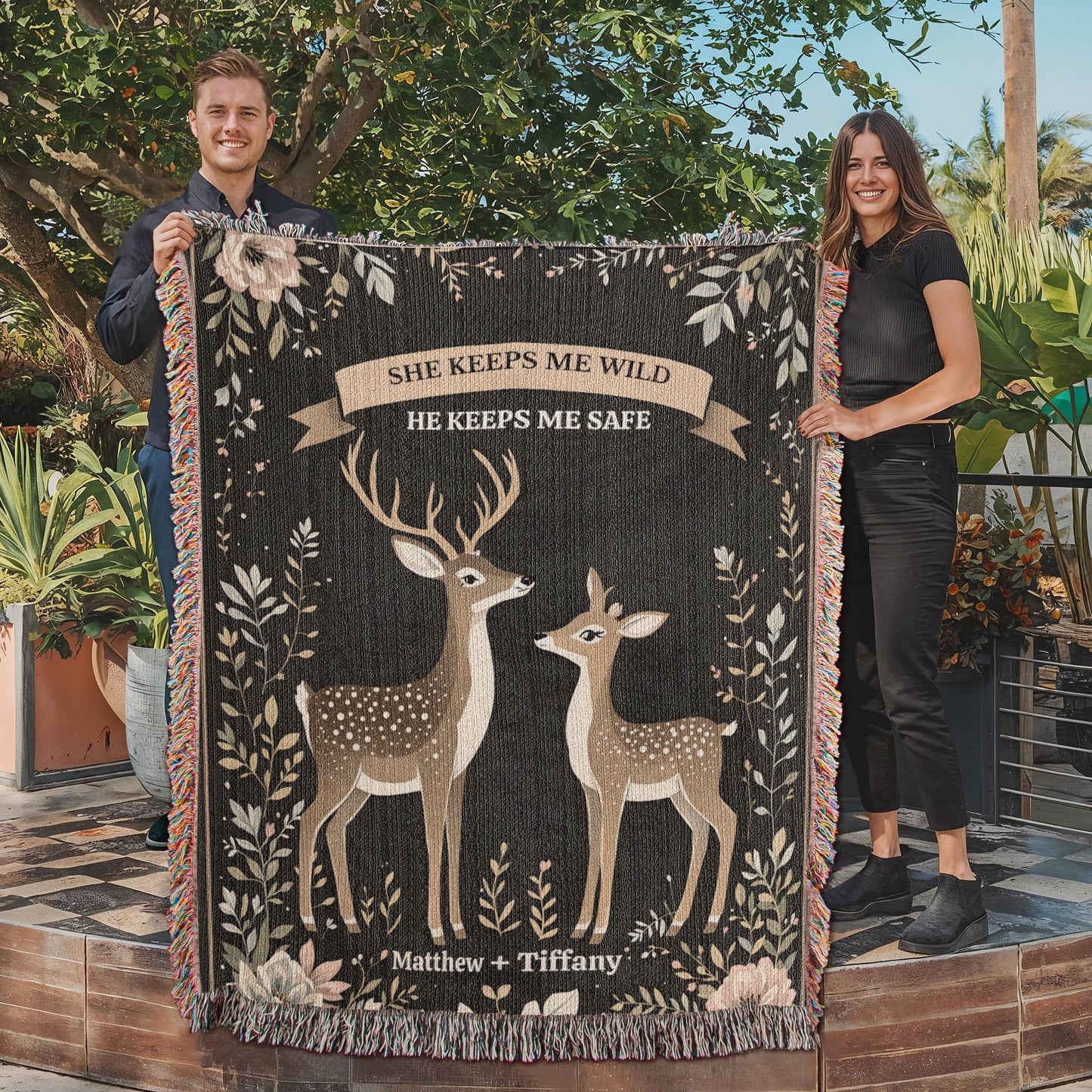 Deer Couple Woven Cotton Throw Blanket-[Heartfelt Family Gift]