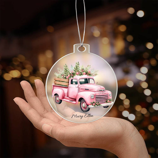 Pink Pickup Truck Acrylic Christmas Ornament-[Heartfelt Family Gift]