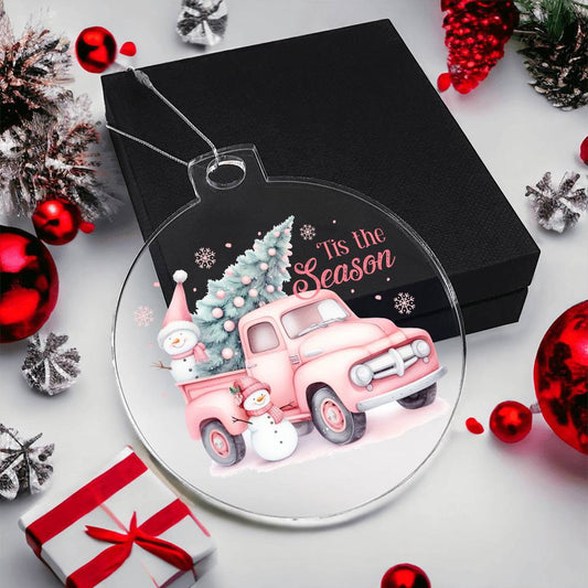 Pink Xmas Tree Pickup Truck Tis the Season Acrylic Christmas Ornament