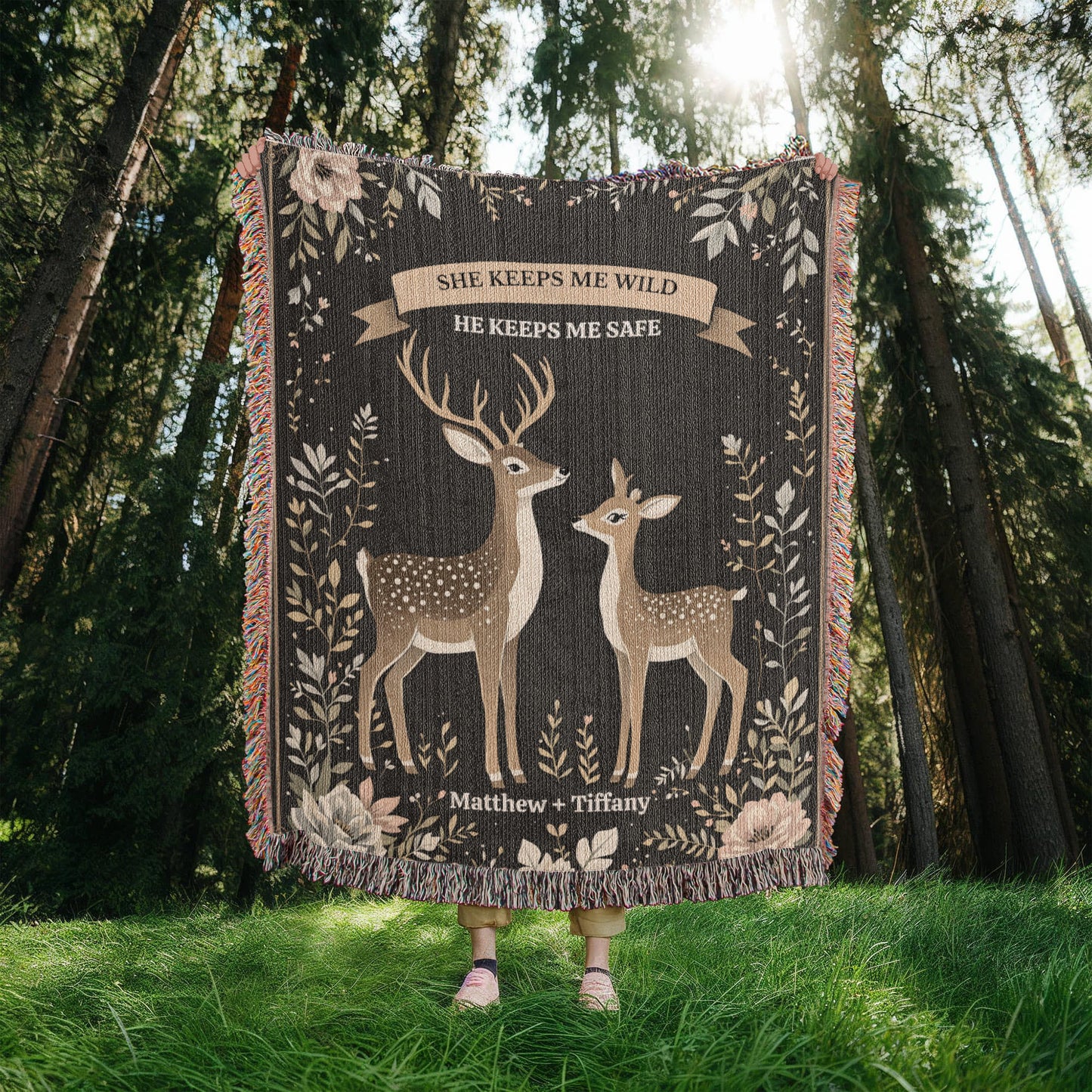 Deer Couple Woven Cotton Throw Blanket-[Heartfelt Family Gift]