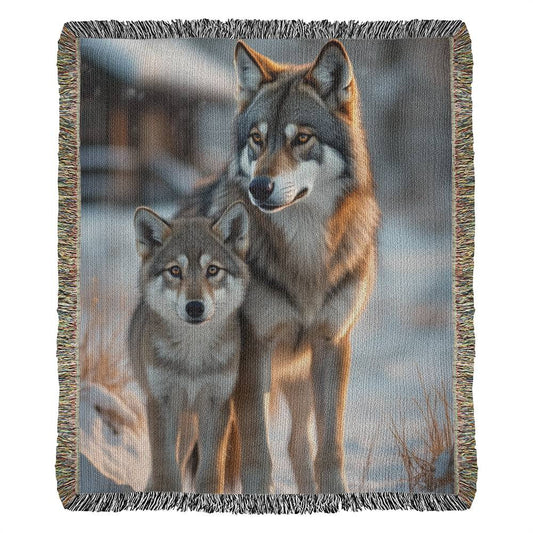 Wolf and Pup Woven Cotton Blanket