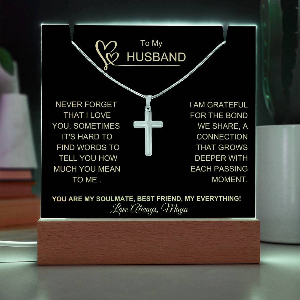 Husband LED Plaque and Cross Necklace Gift Set