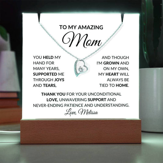 To My Mom Heart Necklace with Lighted Necklace Holder Plaque Gift Set