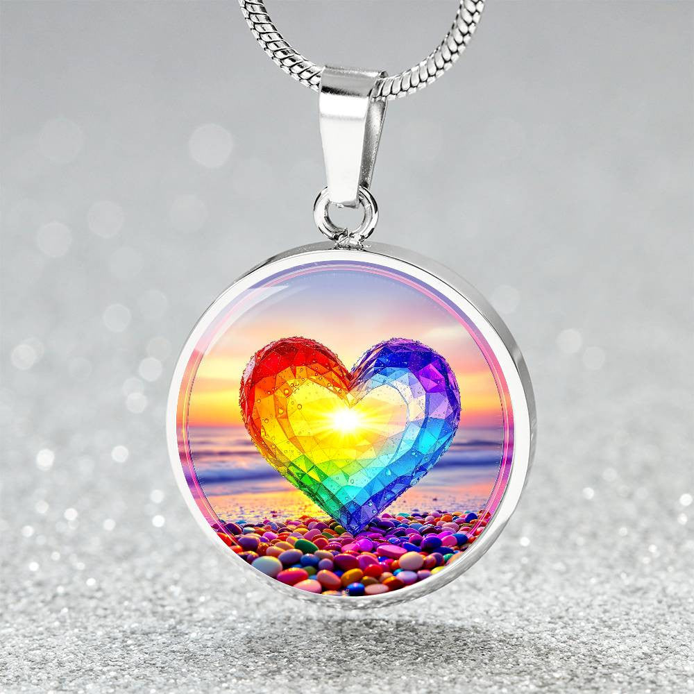 Rainbow Beach Glass Heart Pendant Necklace with Engraving-[Heartfelt Family Gift]