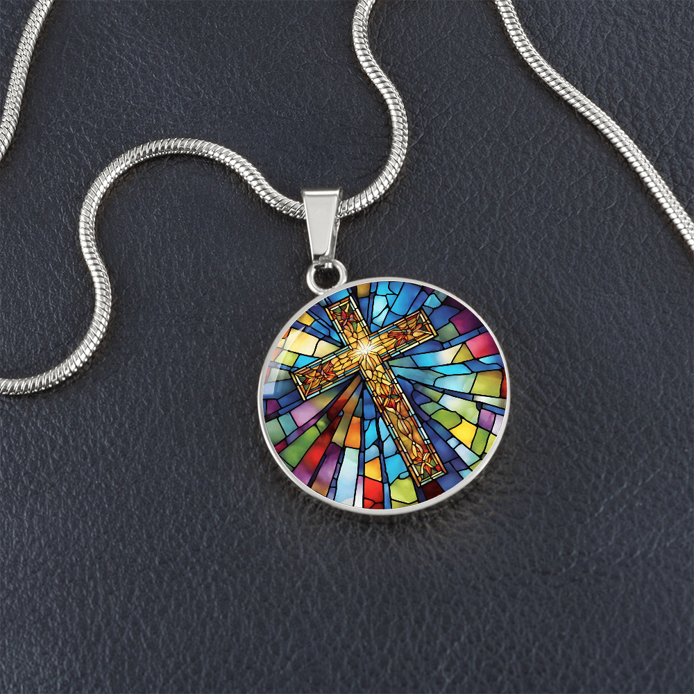 Stained Glass Effect Cross Engraved Necklace-[product type]