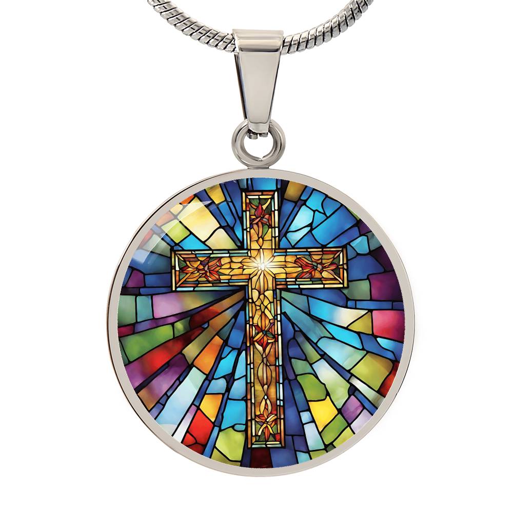 Stained Glass Effect Cross Engraved Necklace-[product type]