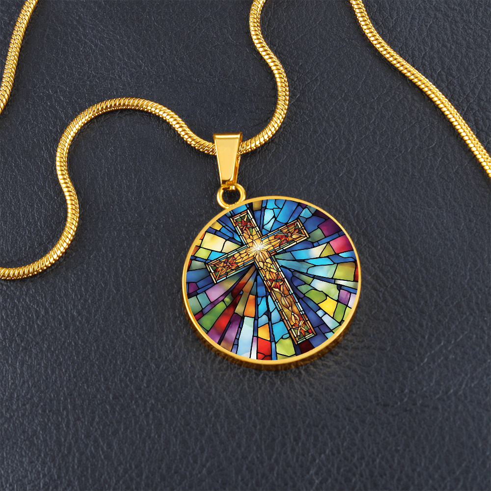 Stained Glass Effect Cross Engraved Necklace-[product type]