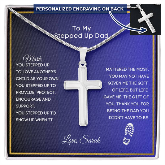 Stepped Up Dad Engraved Cross Necklace