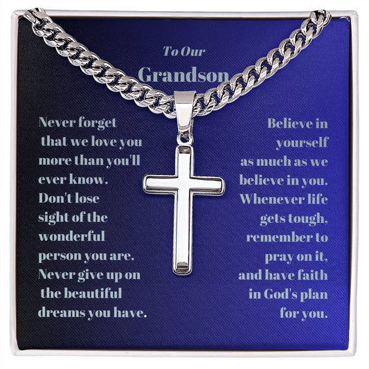 To Our Grandson Engraved Cross Necklace on Cuban Chaine-[product type]