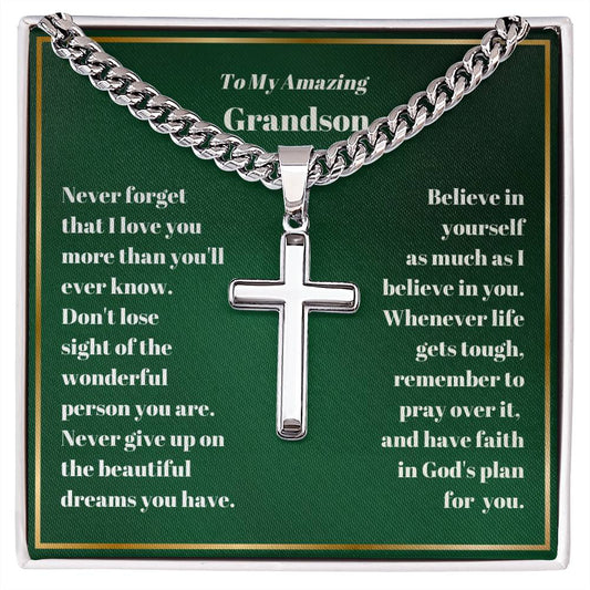 Grandson Personalized Cross Necklace on Cuban Chain