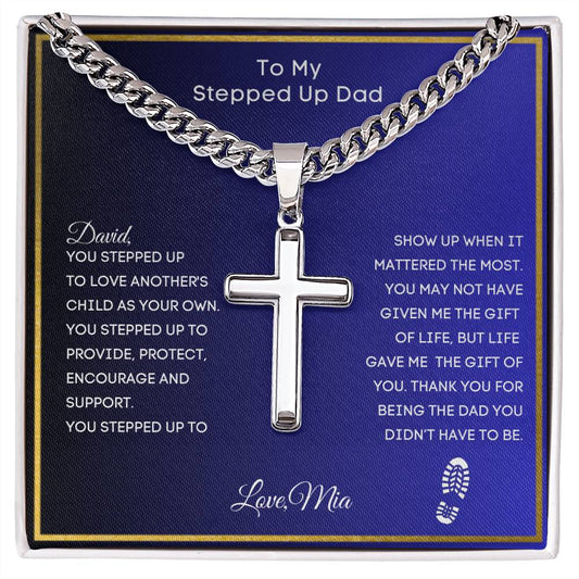 Stepped Up Dad Engraved Cross Chain Link Necklace