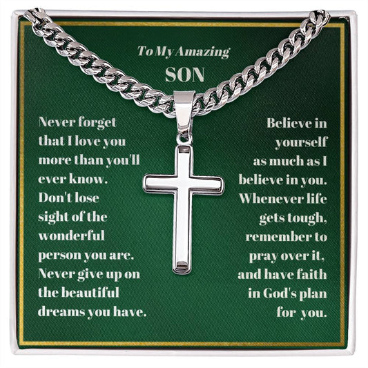 Son Personalized Cross Necklace on Cuban Chain-[product type]