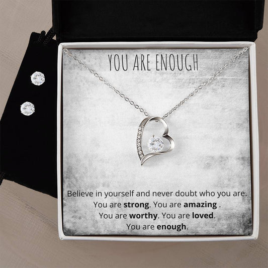 You are Enough Encouragement Heart Necklace and Earring Set-[product type]