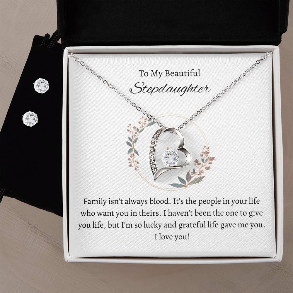 Stepdaughter Heart Necklace and Earring Set-[Heartfelt Family Gift]