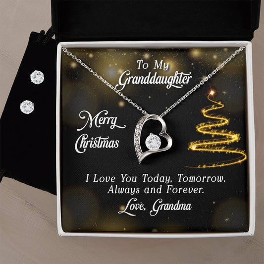 Granddaughter Merry Christmas Heart Necklace and Earring Set-[product type]