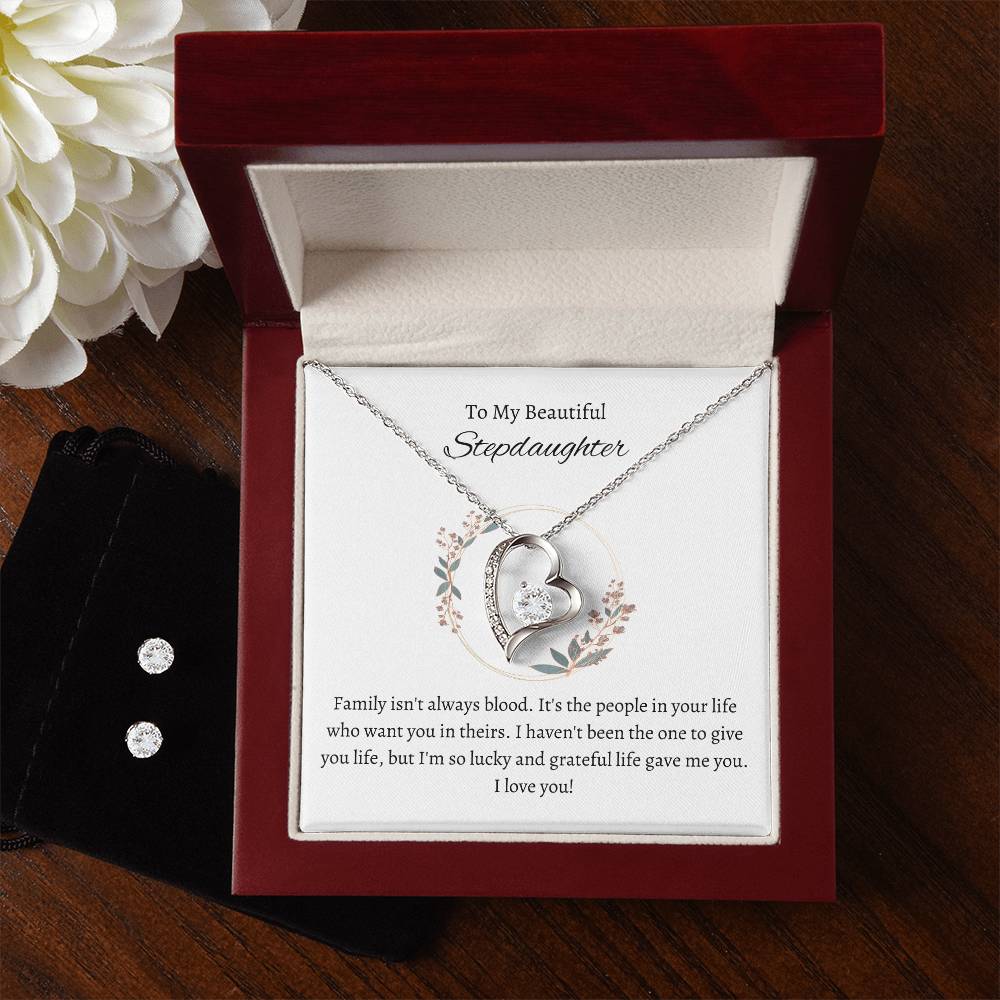 Stepdaughter Heart Necklace and Earring Set-[Heartfelt Family Gift]