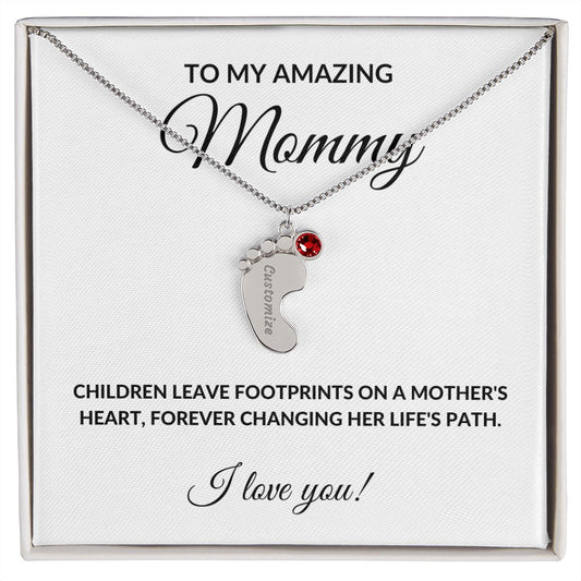 To My Amazing Mommy Engraved Baby Feet Birthstone Necklace in Silver or 18K Gold-FashionFinds4U