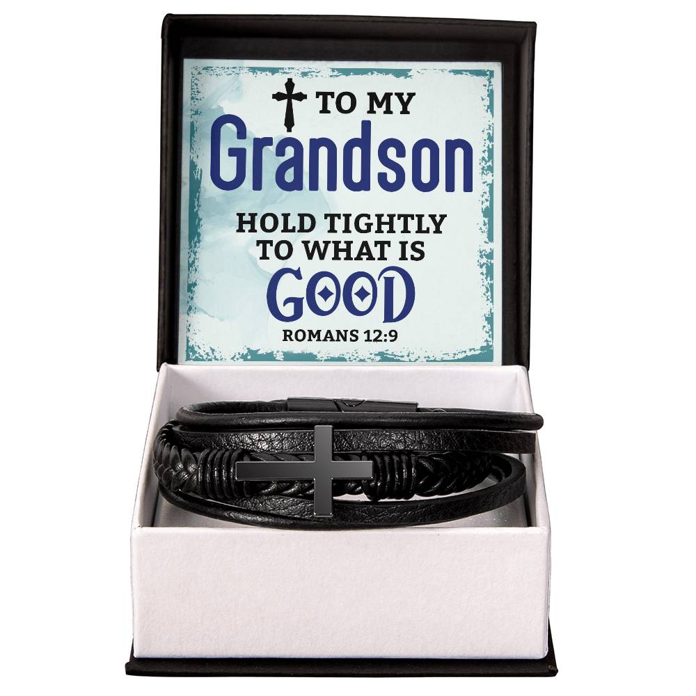 Grandson  Romans 12:9 Mens Cross Bracelet-[product type]