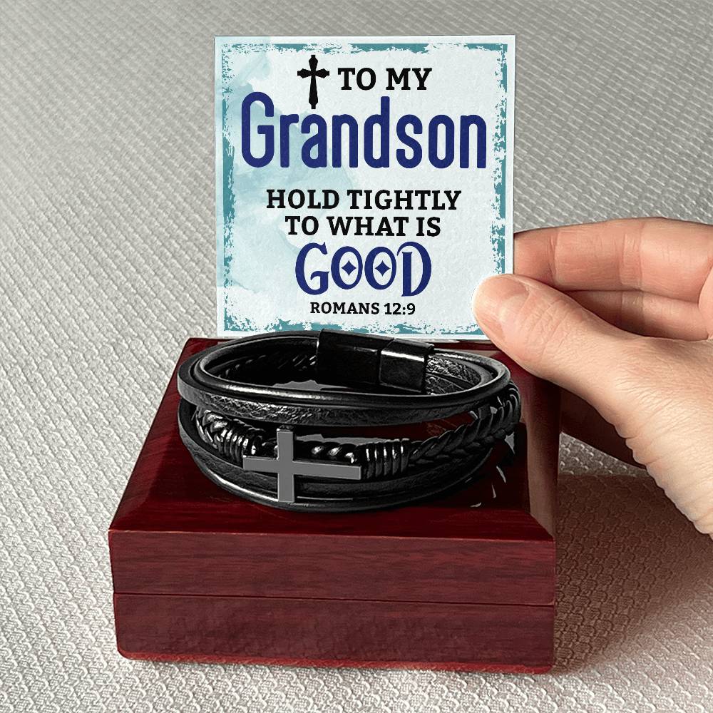 Grandson  Romans 12:9 Mens Cross Bracelet-[product type]