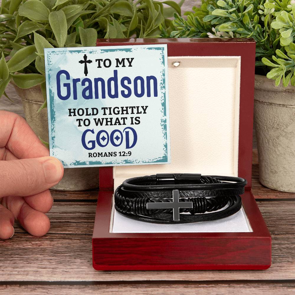 Grandson  Romans 12:9 Mens Cross Bracelet-[product type]