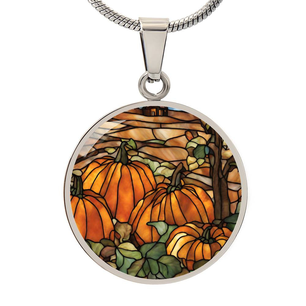 Fall Harvest Pumpkins Round Pendant Necklace in Gold or silver