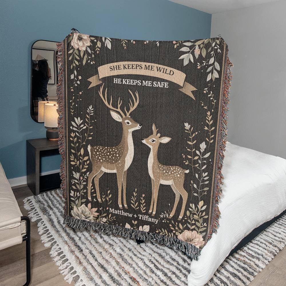 Deer Couple Woven Cotton Throw Blanket-[Heartfelt Family Gift]