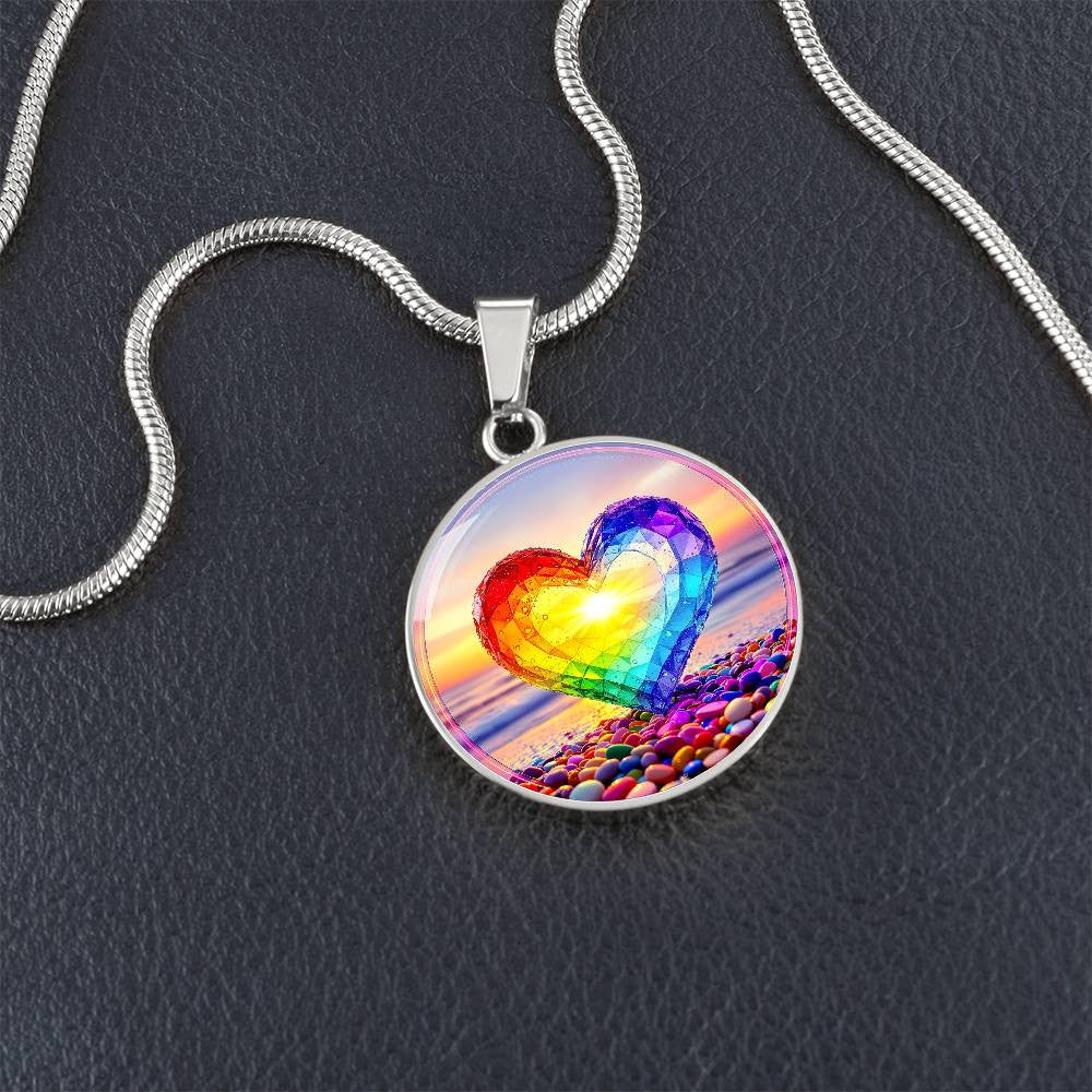 Rainbow Beach Glass Heart Pendant Necklace with Engraving-[Heartfelt Family Gift]