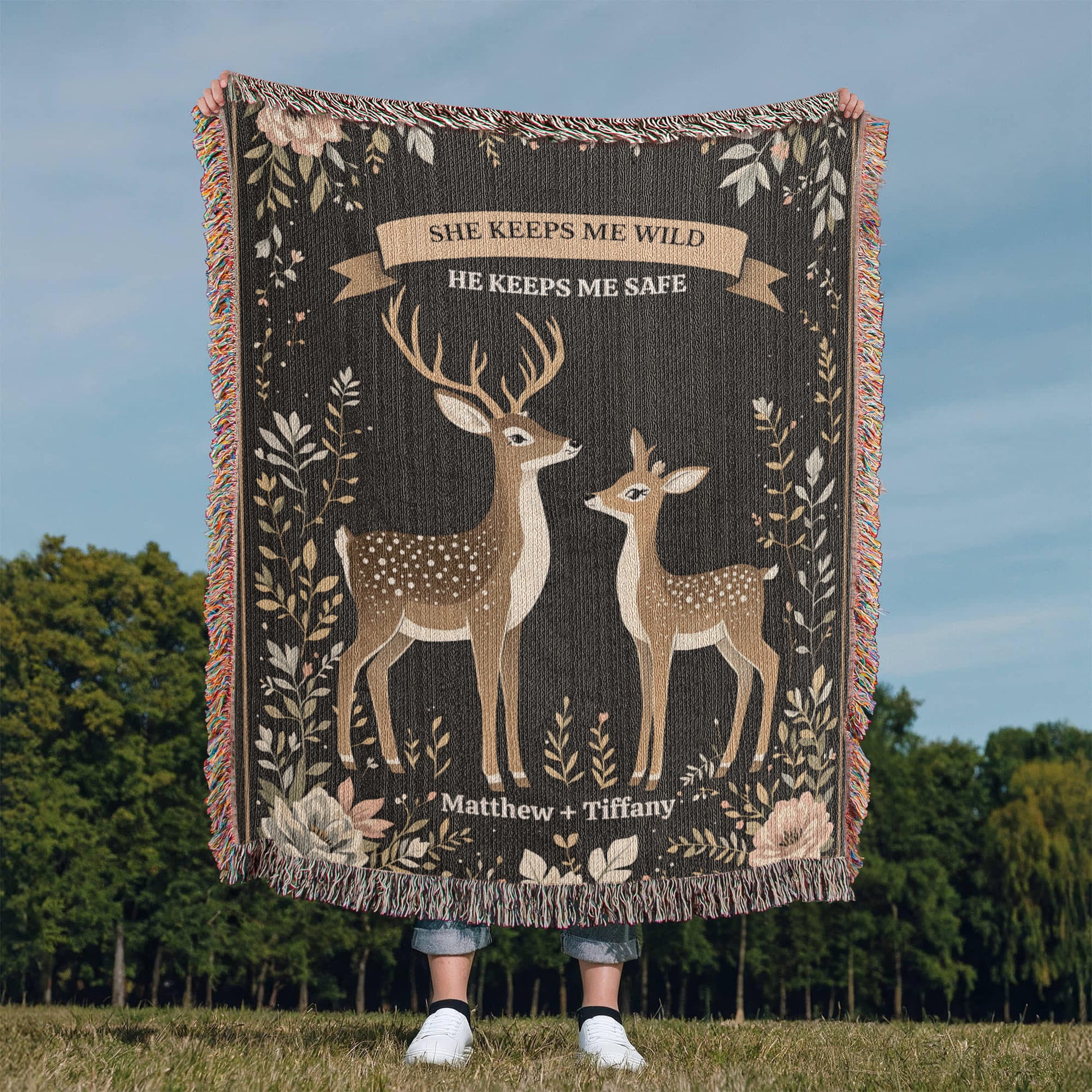 Deer Couple Woven Cotton Throw Blanket-[Heartfelt Family Gift]