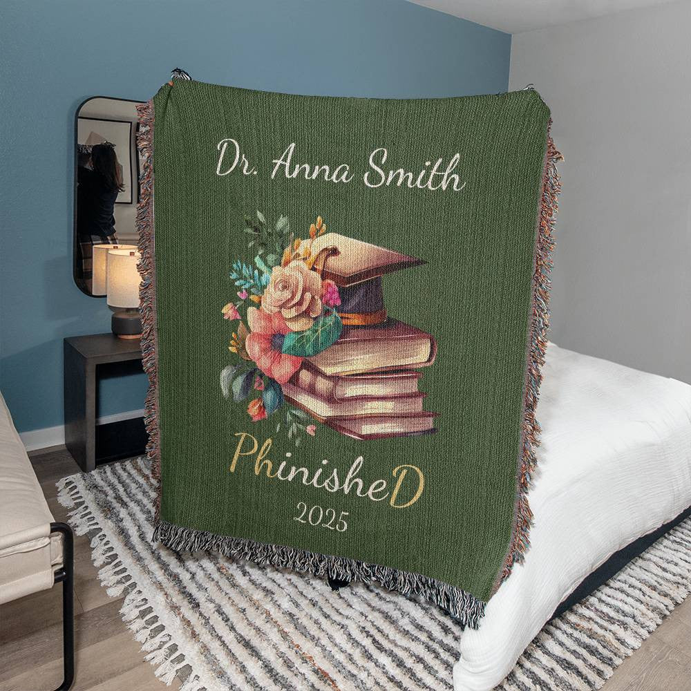 PHD Graduation Woven Cotton Throw-[Heartfelt Family Gift]