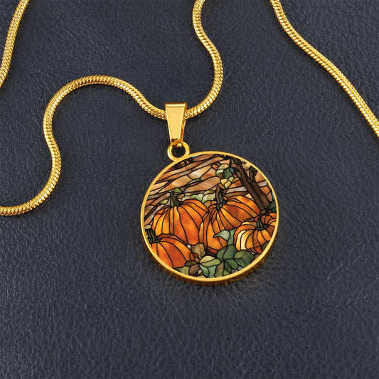 Fall Harvest Pumpkins Round Pendant Necklace in Gold or silver