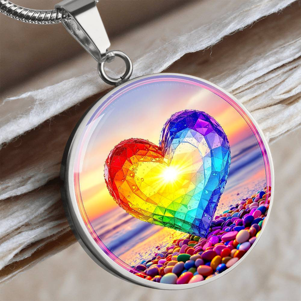 Rainbow Beach Glass Heart Pendant Necklace with Engraving-[Heartfelt Family Gift]