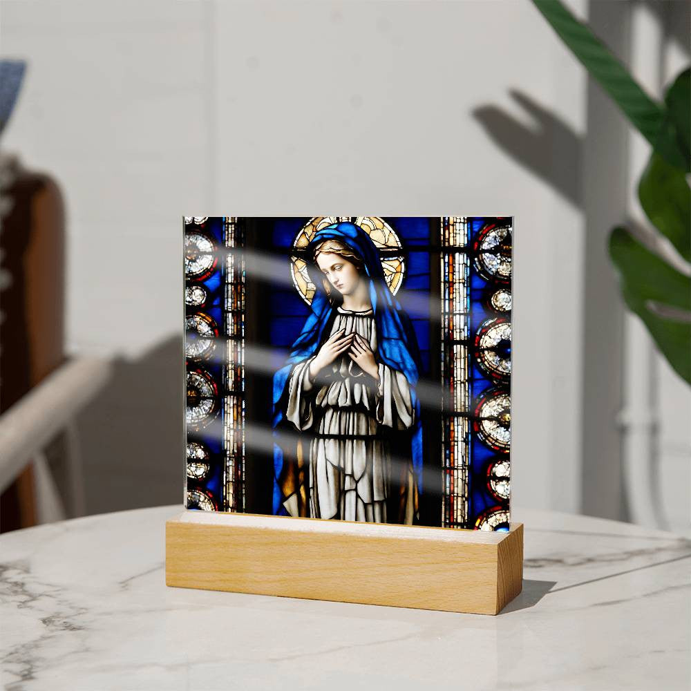 Faux Stained Glass Virgin Mary Acrylic Plaque, Virgin Mary Picture, LED Nightlight, Religious Gift, Home Decor, Catholic Gift, Square Plaque-[product type]