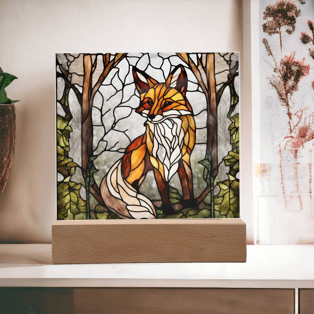 Acrylic Square Fox In The Woods Faux Stained Glass Acrylic Plaque Gift For Animal Lover Decoration For House LED Fox Nightlight Gift For Birthday Gifts-[product type]