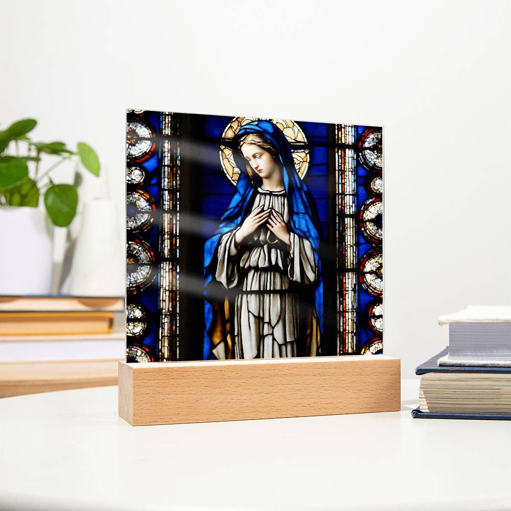 Faux Stained Glass Virgin Mary Acrylic Plaque, Virgin Mary Picture, LED Nightlight, Religious Gift, Home Decor, Catholic Gift, Square Plaque-[product type]