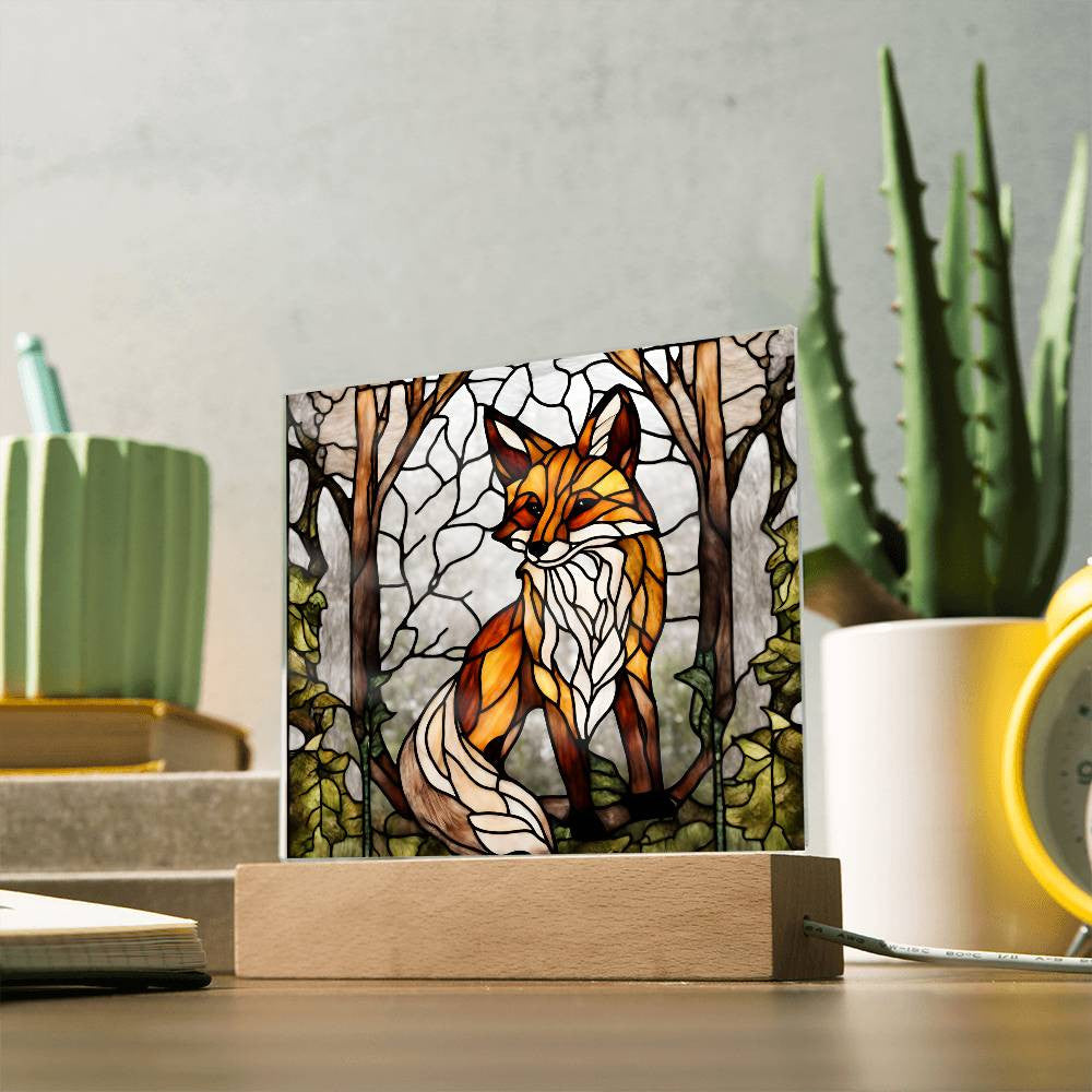 Acrylic Square Fox In The Woods Faux Stained Glass Acrylic Plaque Gift For Animal Lover Decoration For House LED Fox Nightlight Gift For Birthday Gifts-[product type]