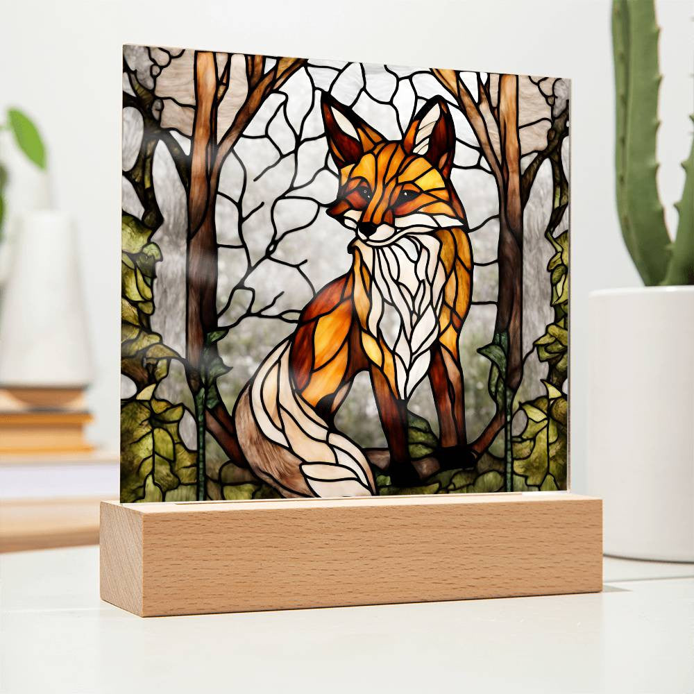 Acrylic Square Fox In The Woods Faux Stained Glass Acrylic Plaque Gift For Animal Lover Decoration For House LED Fox Nightlight Gift For Birthday Gifts-[product type]