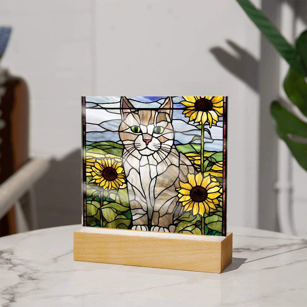 Cat Acrylic Plaque, Cat Lover Gift, Cat Gift, Cat Decor, Sunflowers, Home Decor, Nursery Light, Girls Room, Desk Plaque, Birthday Gift for Cat Mom-[product type]