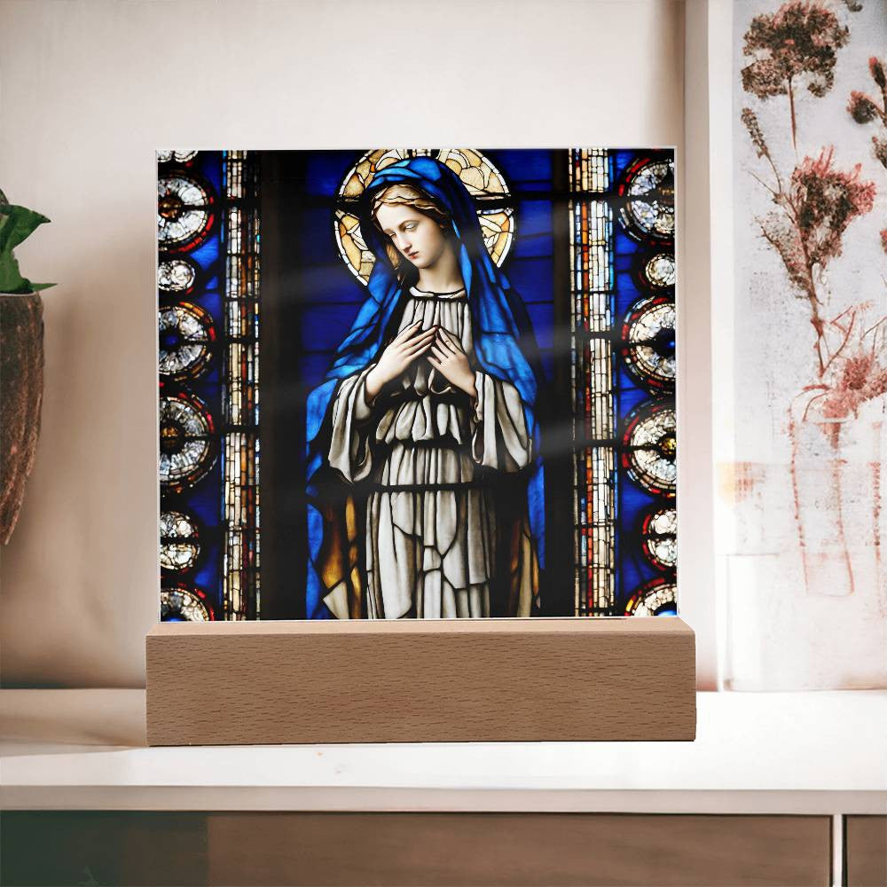 Faux Stained Glass Virgin Mary Acrylic Plaque, Virgin Mary Picture, LED Nightlight, Religious Gift, Home Decor, Catholic Gift, Square Plaque-[product type]